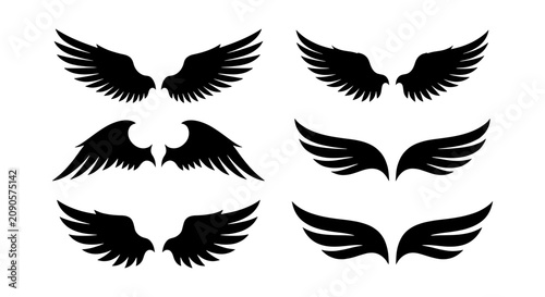 Tableau sur toile Set of Six Black Silhouette Wing Icons, Angelic Feathered Designs, Heraldic Embl
