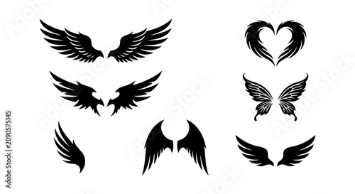 Schilderij op canvas Diverse Wing Silhouettes Collection, Angelic and Butterfly Styles, Vector Graphi