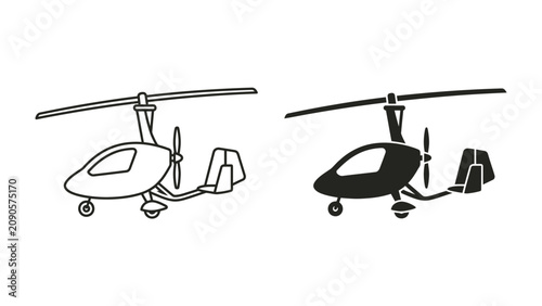 Schilderij op canvas Autogyro Icon Set: A clean vector illustration presenting two iconic representations of an autogyro, one in outline and the other in silhouette, showcasing its unique rotor and propulsion system