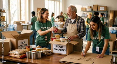 Volunteers Packing Food Donation Boxes at Community Center, Authentic Charity Teamwork