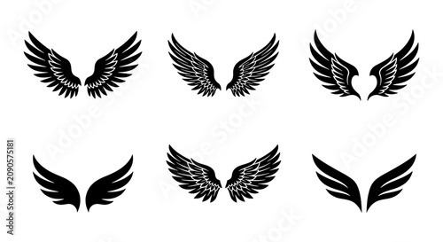 Bild auf Leinwand Set of 6 Black Vector Wing Icons, Angelic Feathered Wings Collection, Heraldic E