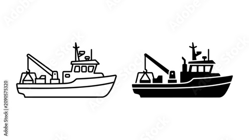 Obraz na płótnie Fishing Vessel Illustration: A detailed outline illustration and a solid silhouette of a fishing boat, showcasing its deck, cabin, and crane