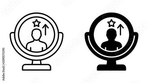 Fotografie Reflection of Ambition: A mirrored reflection showcases a person's silhouette looking into the mirror, with a rising arrow and a star symbolizing growth, ambition, and self-improvement
