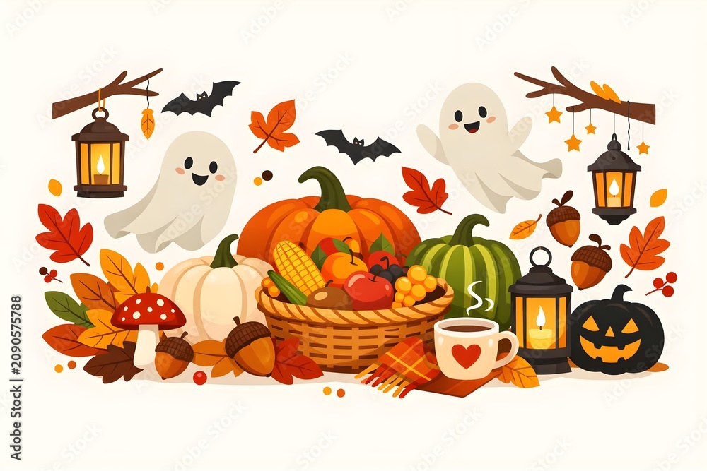 Fototapeta premium cozy autumn harvest basket with pumpkins, ghosts and halloween seasonal decorations