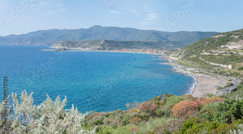 Tableau sur toile village and beach at Bosa Marina cove, Oristano, Italy
