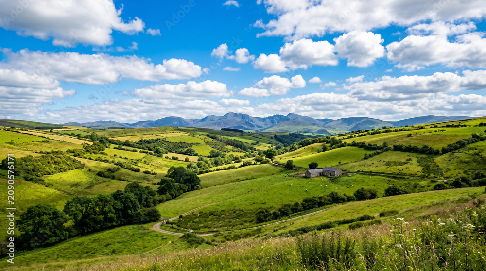 Obraz premium Rolling green hills under a bright blue sky with fluffy clouds.