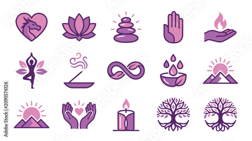 Fotografía Purple spiritual symbols icons set.