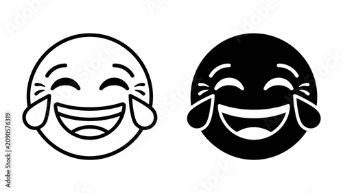 Fotografía Laughing Face Emoticons: Two simple, stylized circular faces express extreme amusement, with eyes squeezed shut and tears streaming down from laughter, rendered in both outline and solid black