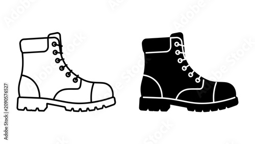 Bilde på lerret Work Boots Icon: A graphic representation of a sturdy work boot, presented in both outline and solid black silhouette, ideal for design and illustration projects