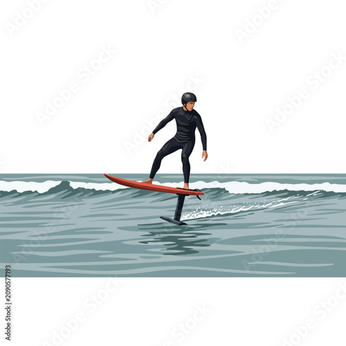 Foil Surfer Pumping Board in Open Ocean