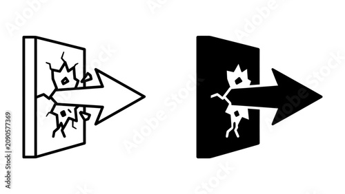 Cuadro en lienzo Arrow Breaking Through Wall Icon: A minimalist graphic icon illustrating a powerful arrow penetrating and shattering a wall, symbolizing penetration, impact, or breakthrough