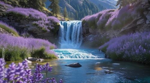 Beautiful waterfall flowing into a blue river with purple flowers isolated on white background