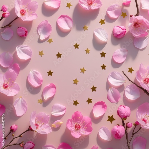 Pink cherry blossom flowers and gold stars on a light pink background isolated on white background