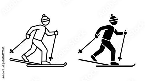 Cross Country Skiing Icon: A graphic illustration depicting a person engaged in cross-country skiing, shown in both outline and silhouette form, emphasizing the dynamic motion and winter sport aspect.