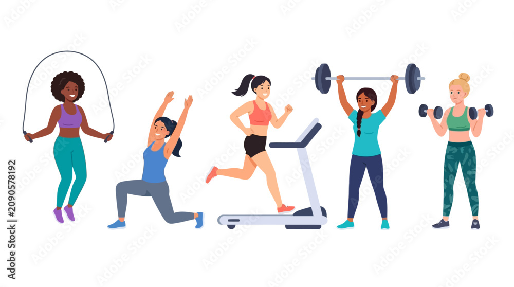 Fototapeta premium Young women doing sports set. Athletic women jumping with skipping rope, running in treadmill, lifting barbell flat vector illustration