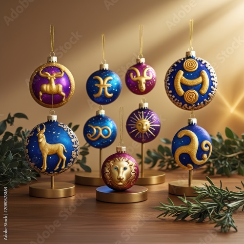 Zodiac sign christmas ornaments hanging with festive holiday decor isolated on white background