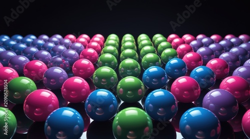Many colorful spheres arranged in a perfect grid pattern on black isolated on white background