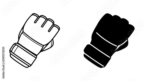 MMA Gloves Icon: A minimalist representation of mixed martial arts gloves, presented in both outline and solid black silhouette, symbolizing combat and training.