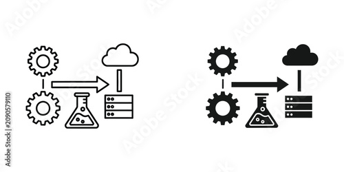 Tableau sur toile Data science and cloud computing workflow featuring gears, erlenmeyer flask, ser