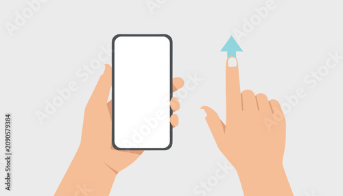 Left hand holding a smartphone while the right hand makes a swipe up gesture indicated by a light blue arrow on grey background.
