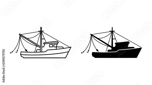Konstfotografi Fishing Trawler Illustration: A clear illustration of a fishing trawler in both line art and silhouette style, showcasing its nets and structure ready for the sea