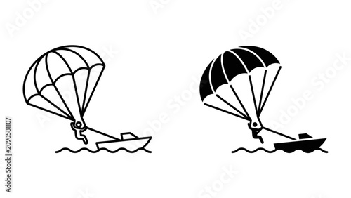 Fotografi Parasailing Adventure: A thrilling parasailing adventure featuring a person gracefully descending towards a boat on the water, showcasing a moment of exhilaration and freedom