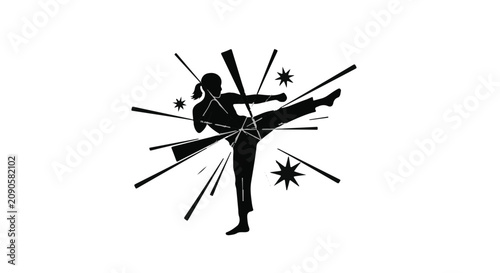Martial artist performs a powerful high kick surrounded by sharp geometric lines and stars.