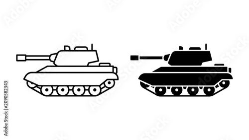 Tableau sur toile Tank Icon Duo: A pair of stylized tank icons, one in black and white outline and the other in solid black, representing armored military vehicles