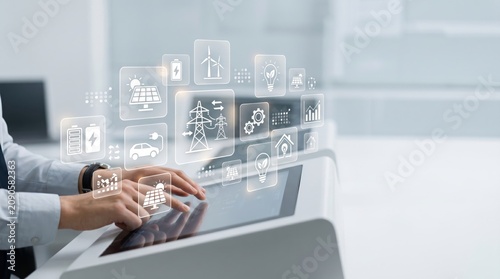 Smart grid energy management interface on touchscreen, sustainable power distribution network icons, renewable electricity generation and consumption control system for future s...