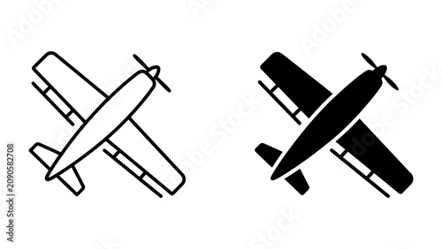 Airplane Icon: Two clean and modern icons of an airplane, one in outline and one in solid black, symbolizing travel and aviation.