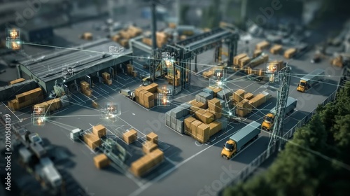 High-angle view of a bustling industrial logistics hub with numerous cargo containers and trucks.