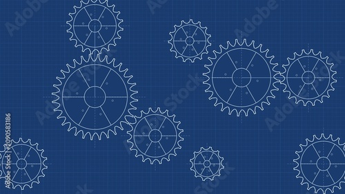 Technical blue background with drafting gears and a coordinate grid. Industrial background with mechanism details and grid for engineering, technology, and business presentations.