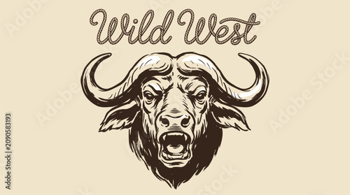 Wild west buffalo vintage artwork. Western bull t shirt design. Retro rodeo animal print.
