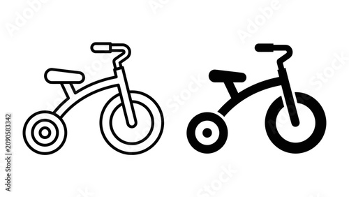 Tricycle Icons: A set of simple line and solid icons representing a child's tricycle, perfect for design elements related to childhood and play.