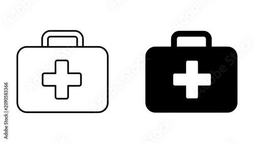 Schilderij op canvas First Aid Kit Icons: Two stylized icons depicting a first aid kit, one in outline and the other solid black, both featuring the universal medical cross symbol