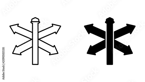Photos Directional Signpost with Multiple Arrows: A conceptual graphic showing a directional signpost with six arrows pointing in different directions, symbolizing choice and decision-making