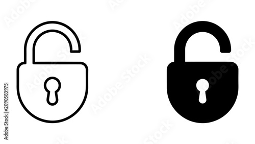 Photos Unlocked Padlock Icons: A pair of padlock icons, one outlined in black and the other solid black, both depicted in an unlocked state with the shackle open