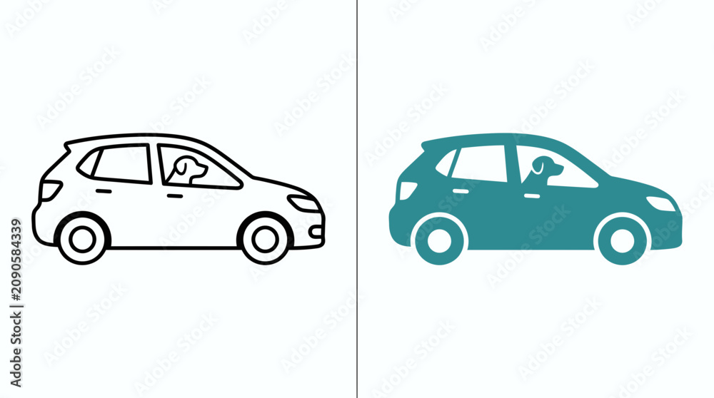 Naklejka premium Two stylized car icons featuring a dog looking out the window in outline and solid styles.