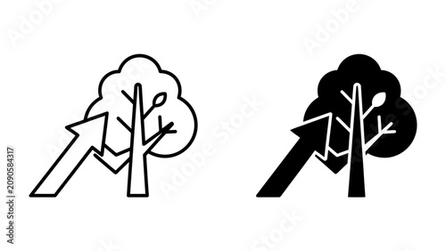 Photos Tree Growth Icon: Two stylized icons depicting a tree and an upward-pointing arrow, symbolizing growth, development, and improvement in a natural or environmental context