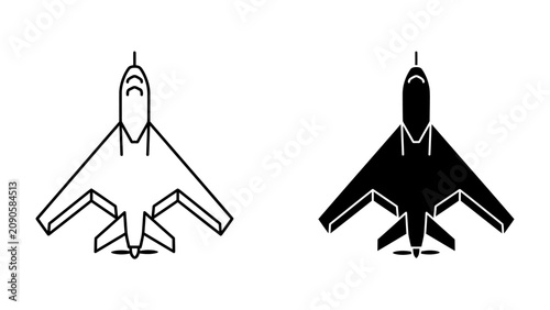 Schilderij op canvas Stealth Aircraft Icon: A minimalist illustration showcasing a stealth aircraft in both line art and silhouette format, representing advanced aerospace technology
