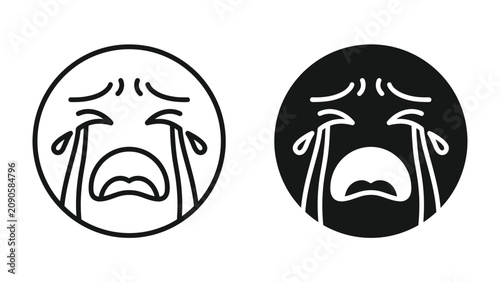 Slika na platnu Crying Face Emoticon: Two stylized faces, one in outline and one in silhouette, convey profound sadness and distress with flowing tears and an open, wailing mouth