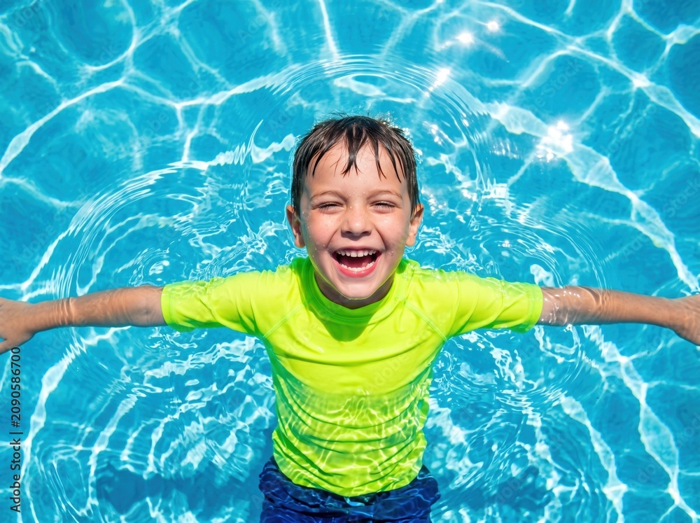 Obraz premium Smiling boy in bright swim shirt floating on his back in clear swimming pool water, arms outstretched, wet hair, sunlit ripples and reflections around him