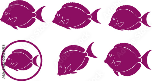 Cuadro en lienzo Tomini Tang Fish Black Silhouette Icon Set Collection Marine Tropical Reef Vecto