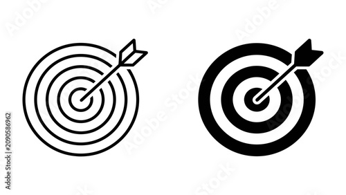 Bild auf Leinwand Target and Arrow Icons: Two stylized icons, one outlined and one solid black, depict a classic dartboard with an arrow precisely hitting the bullseye, symbolizing accuracy and focus