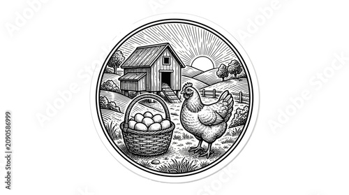 Foto Round farm emblem featuring hen, eggs, and barn landscape.