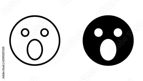 Foto Surprised Face Icon: A simple graphic illustration of a face expressing surprise, depicted in both outline and solid black styles for versatility