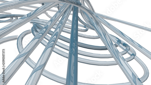 Abstract Metallic Blue Tangled Pipes on Black Background