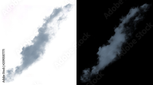 Wispy grey cloud isolated on white and black background, realistic smoke texture for photo compositing, atmospheric vapor element for design
