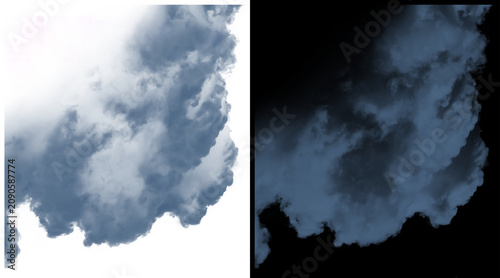 Dramatic storm clouds with alpha channel, dark blue thundercloud texture on white and black backgrounds, moody atmospheric smoke and vapor effect