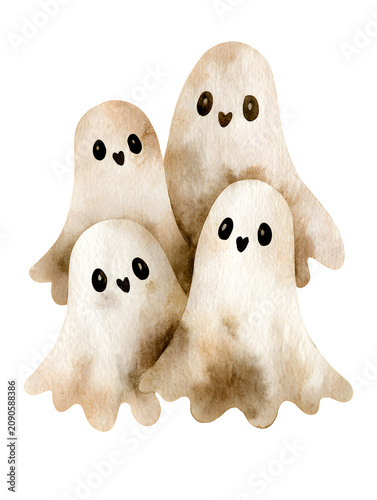 Four cute watercolor ghosts with smiling faces in various sizes, featuring soft beige and brown tones, ideal for Halloween-themed designs and decorations